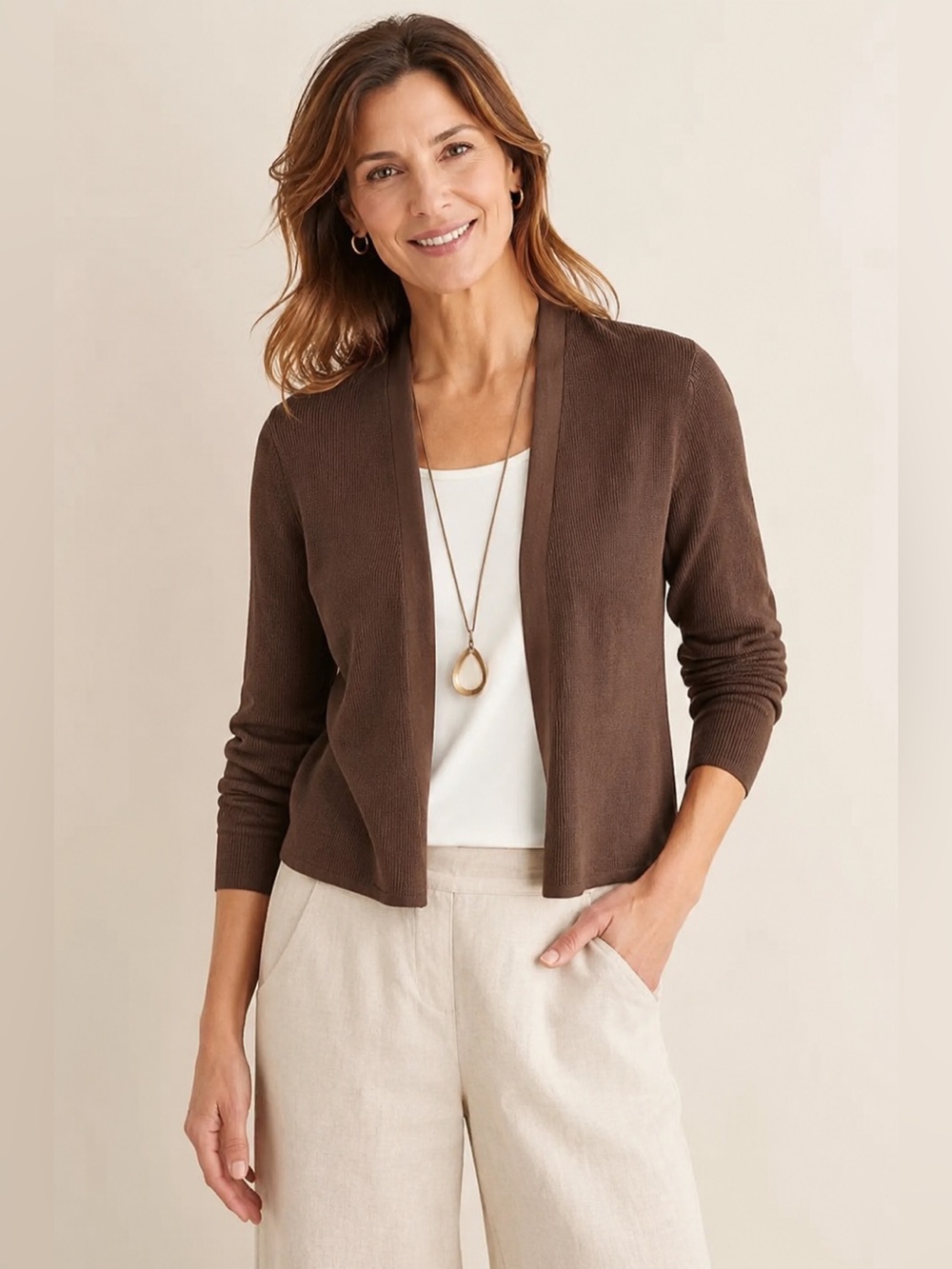 J.Jill Brown Cropped Open Front Knit Cardigan Sweater Size Medium